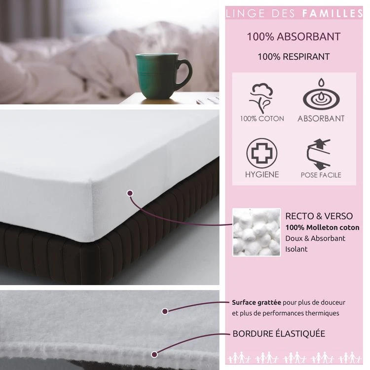 LINGE DES FAMILLES Protège-matelas Doux & Absorbant - Molleton 100% Coton - Bonnet 30 Cm - Certifié Oeko-Tex® 6 LINGE DES FAMILLES Protège-matelas Doux & Absorbant - Molleton 100% Coton - Bonnet 30 Cm - Certifié Oeko-Tex® – Image 4