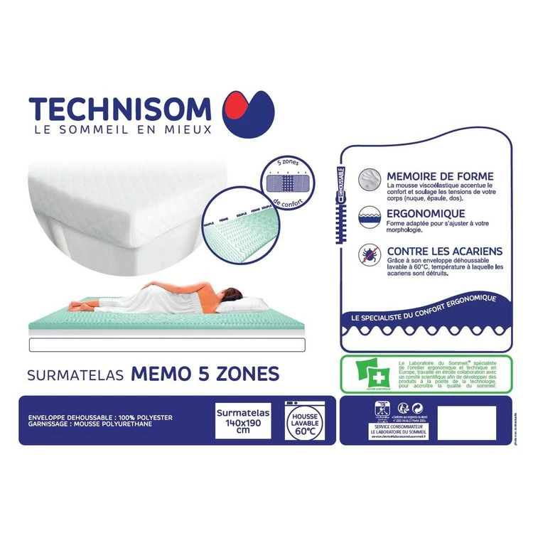 TECHNISOM Surmatelas Ergonomique à Mémoire De Forme 5 Zones Anti-acariens 4 TECHNISOM Surmatelas Ergonomique à Mémoire De Forme 5 Zones Anti-acariens – Image 2