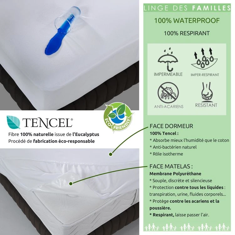LINGE DES FAMILLES Protège Matelas Anti-acariens Imperméable - 100% Tencel Naturel - Bonnet 30 Cm - Certifié Oeko-Tex® 6 LINGE DES FAMILLES Protège Matelas Anti-acariens Imperméable - 100% Tencel Naturel - Bonnet 30 Cm - Certifié Oeko-Tex® – Image 4
