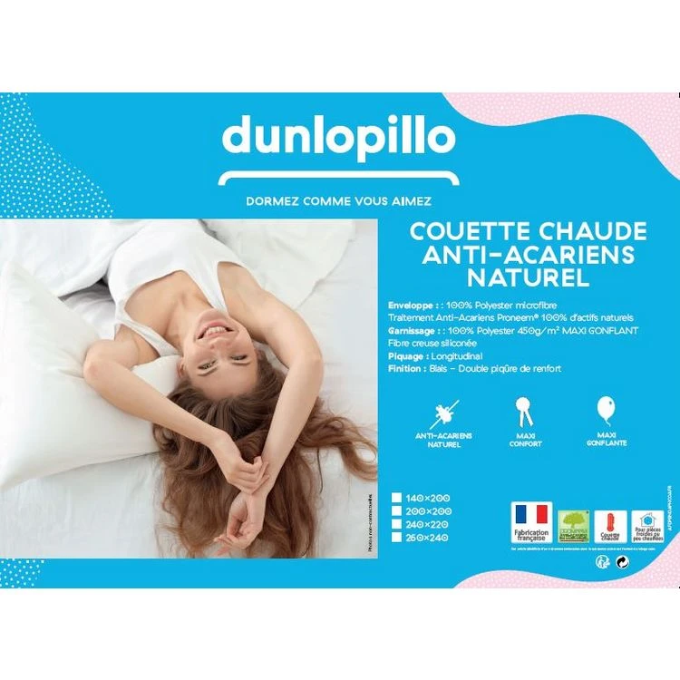 DUNLOPILLO Couette Synthétique Chaude En Polyester Traitement Anti-acariens PRONEEM 450 G/m² 4 DUNLOPILLO Couette Synthétique Chaude En Polyester Traitement Anti-acariens PRONEEM 450 G/m² – Image 2