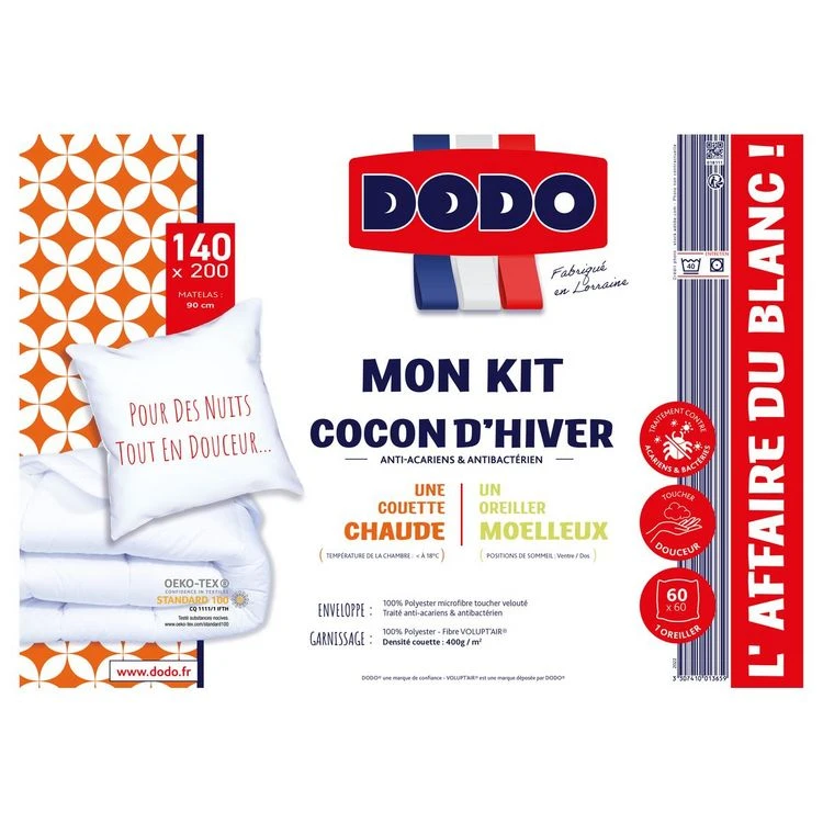 DODO Pack Couette Chaude Anti-acariens En Microfibre 400 G/m² + Oreiller(s) COCON D'HIVER 4 DODO Pack Couette Chaude Anti-acariens En Microfibre 400 G/m² + Oreiller(s) COCON D'HIVER – Image 2