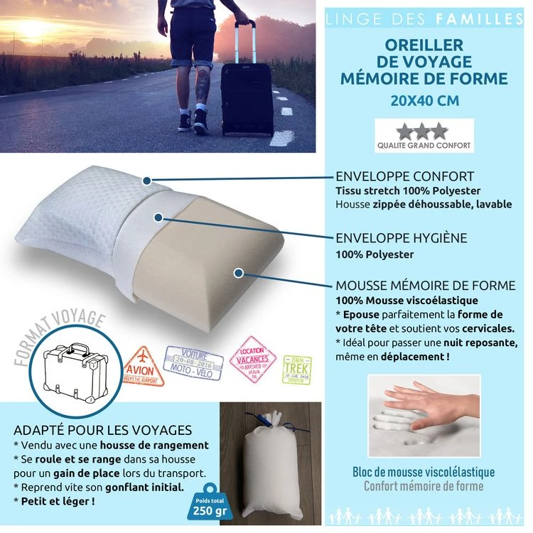 LINGE DES FAMILLES Oreiller De Voyage Mémoire De Forme 40x20 Cm - Moelleux Et Léger - Livré Avec Housse De Rangement 6 LINGE DES FAMILLES Oreiller De Voyage Mémoire De Forme 40x20 Cm - Moelleux Et Léger - Livré Avec Housse De Rangement – Image 4