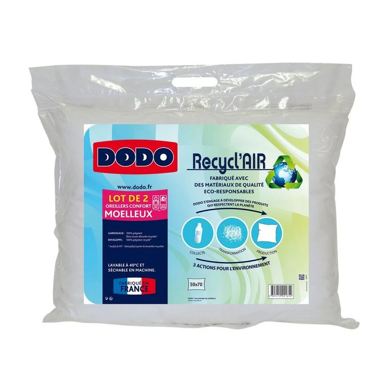 DODO Lot De 2 Oreillers Confort Moelleux RECYCL'AIR 3 DODO Lot De 2 Oreillers Confort Moelleux RECYCL'AIR