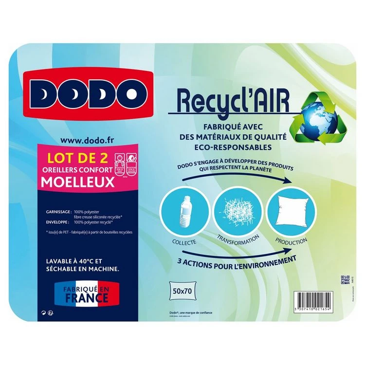 DODO Lot De 2 Oreillers Confort Moelleux RECYCL'AIR 4 DODO Lot De 2 Oreillers Confort Moelleux RECYCL'AIR – Image 2