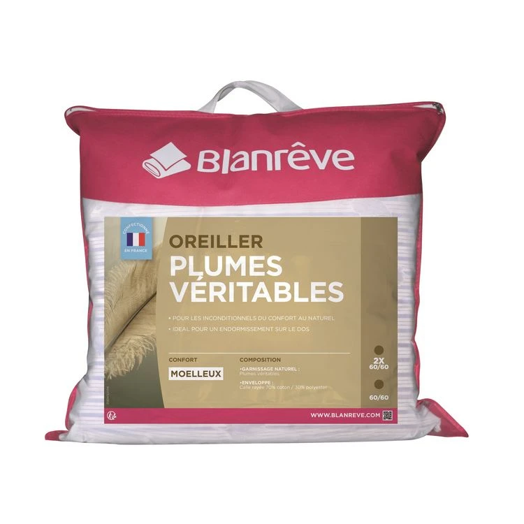 BLANREVE Lot De 2 Oreillers Moelleux En Plumes NATUREL 3 BLANREVE Lot De 2 Oreillers Moelleux En Plumes NATUREL