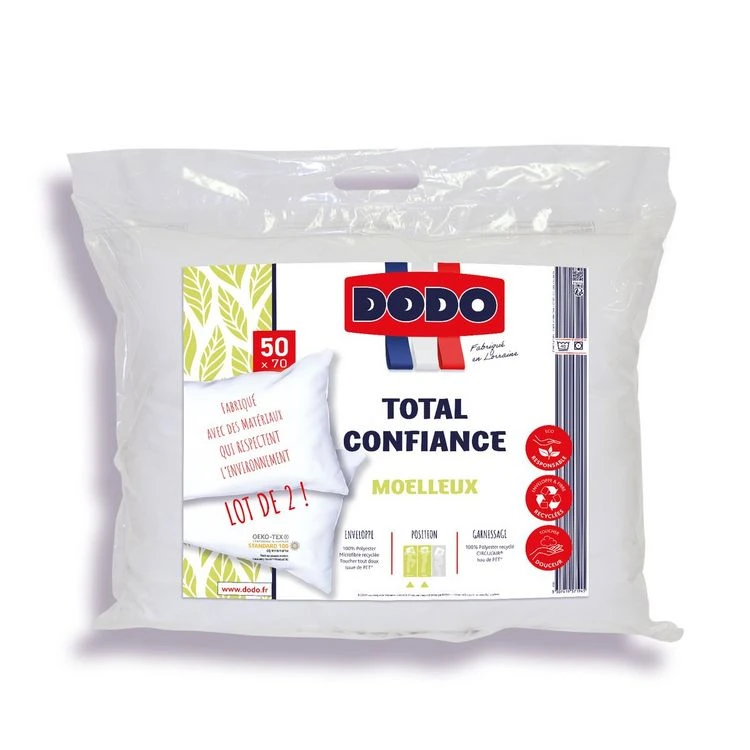 DODO Lot D'oreillers Confort Moelleux En Tissu Et Fibre Recyclés TOTAL CONFIANCE 3 DODO Lot D'oreillers Confort Moelleux En Tissu Et Fibre Recyclés TOTAL CONFIANCE