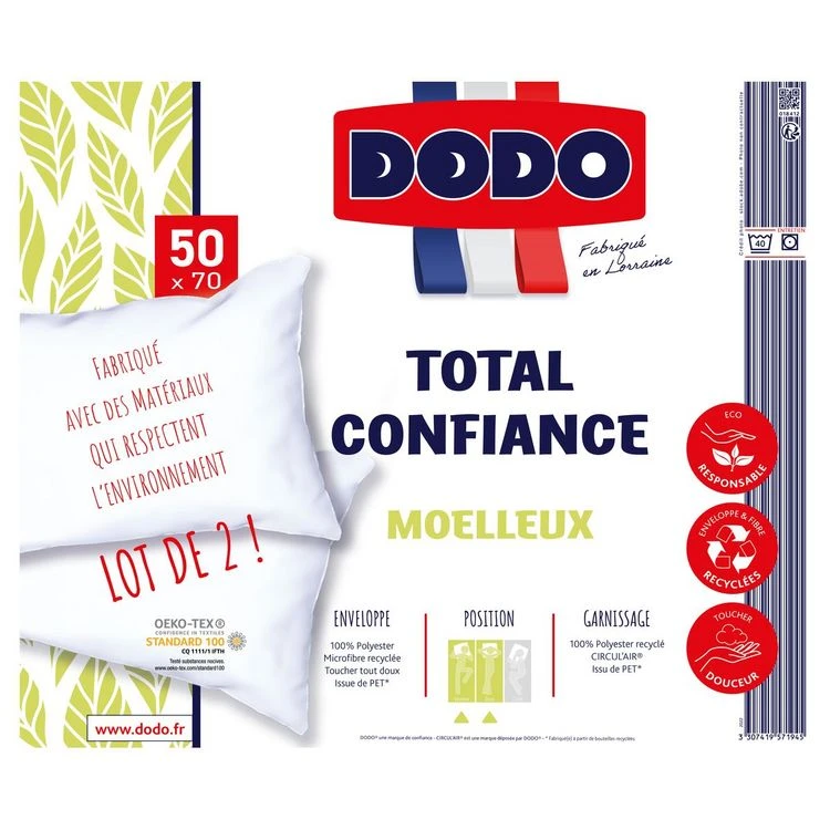 DODO Lot D'oreillers Confort Moelleux En Tissu Et Fibre Recyclés TOTAL CONFIANCE 4 DODO Lot D'oreillers Confort Moelleux En Tissu Et Fibre Recyclés TOTAL CONFIANCE – Image 2
